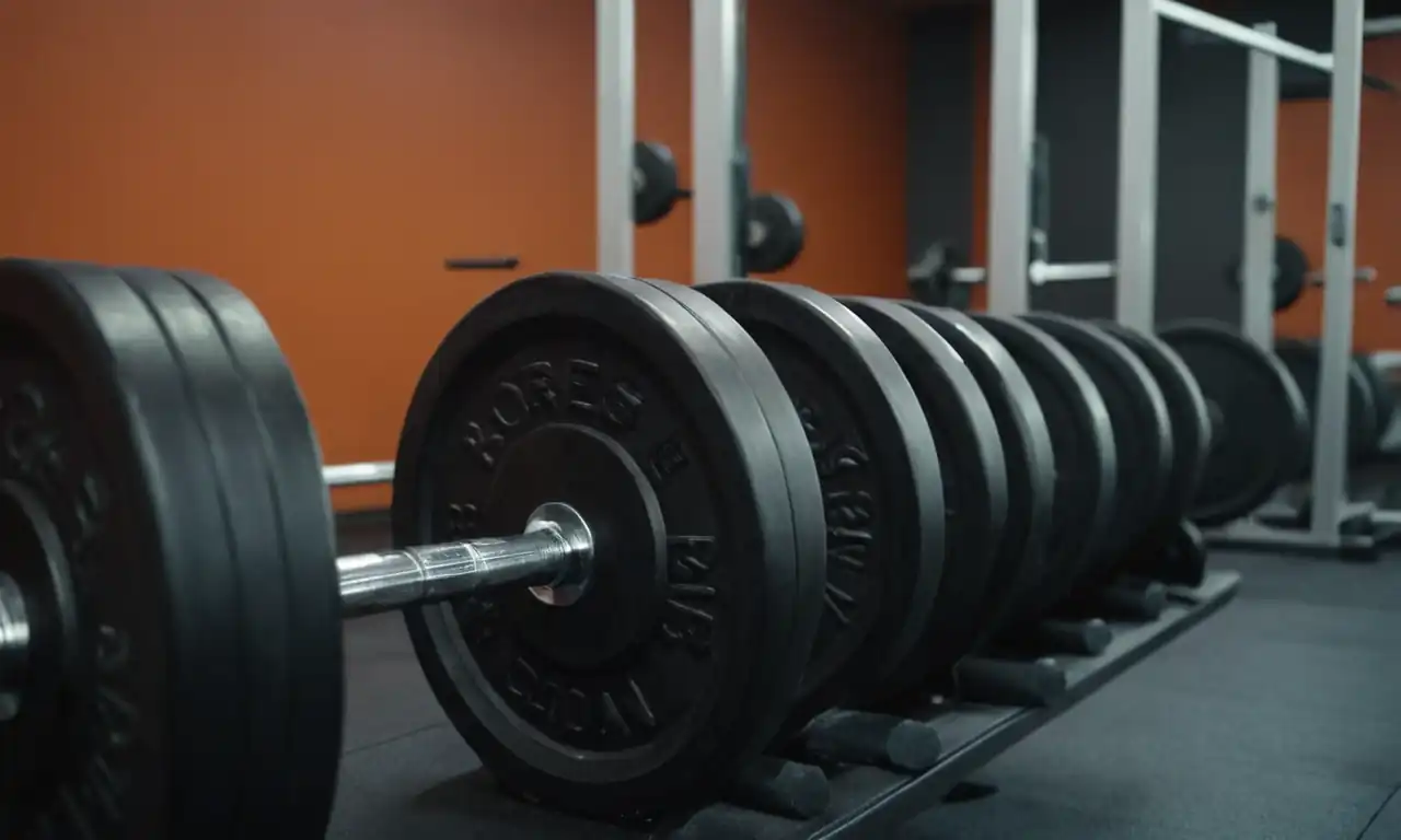 Barbell weights, treadmills, free weights, mirror reflections