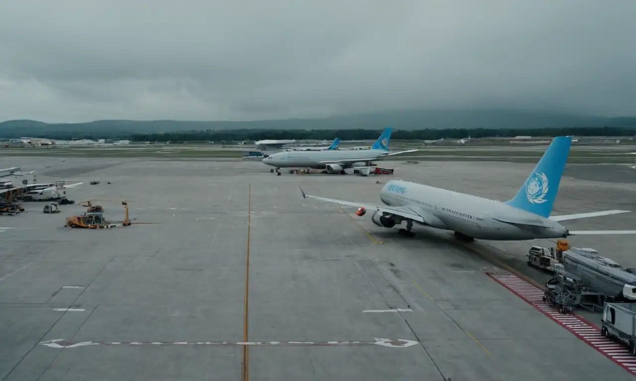 Un pasajero frustrado en un aeropuerto con fondo gris