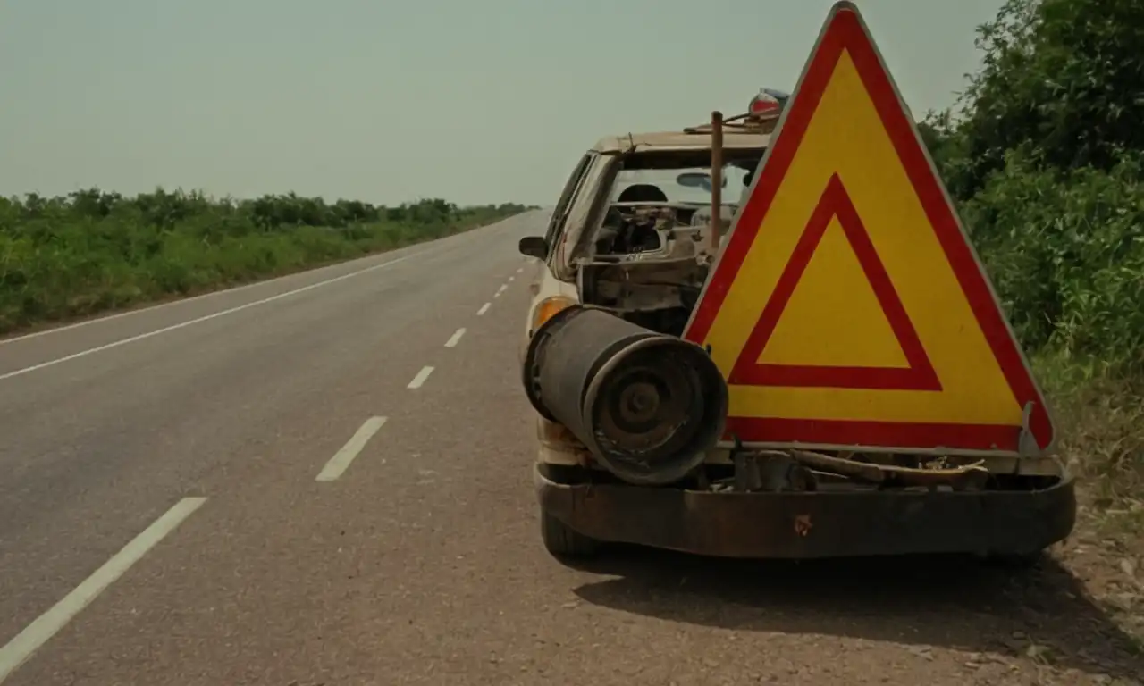 Car engine, worn-out belt, road signs, warning triangles