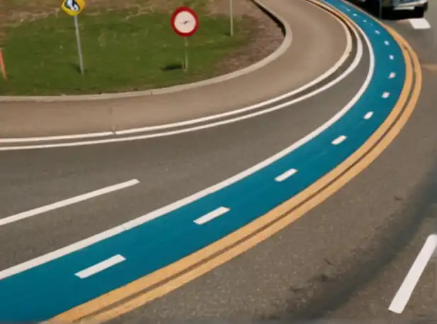 Car slowing down at roundabout with traffic signs and road markings