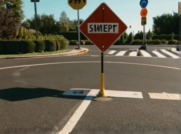 Car yielding to pedestrian in a roundabout intersection with traffic signs