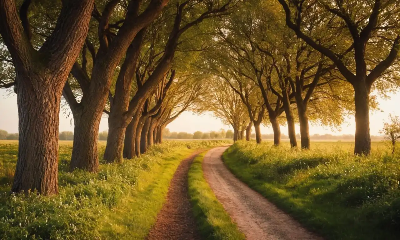 Whispering trees, winding path, warm light, embracing hearts