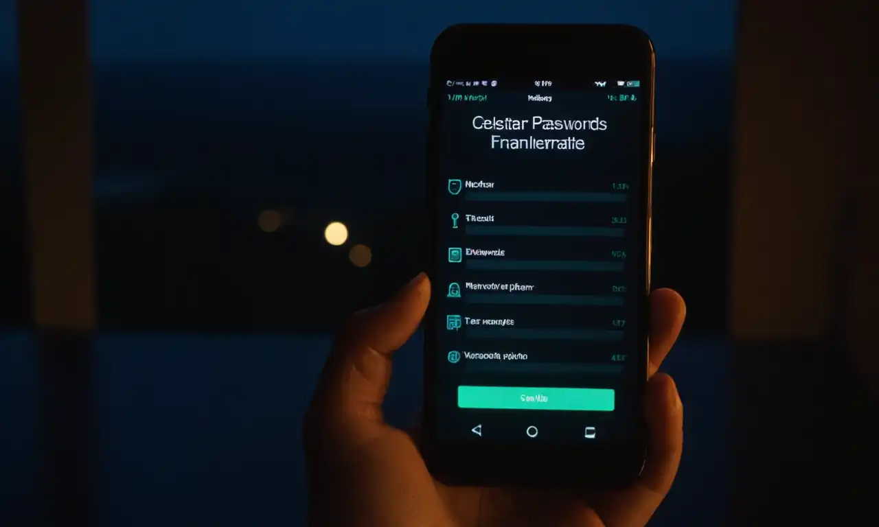 Celular con pantalla iluminada, mostrando passwords en un fondo oscuro