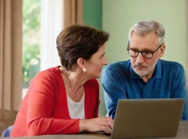 60-year-old couple sitting at a laptop with pension simulator screens