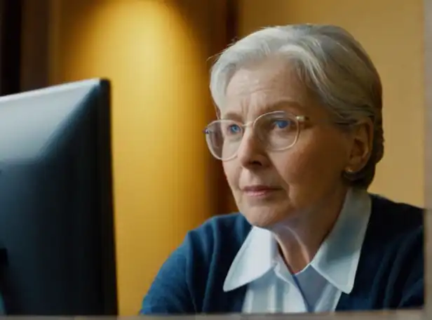 Senior person sitting in front of a computer screen with pension calculator