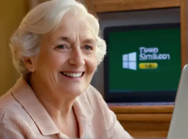 Older person smiling at a laptop screen displaying a pension simulator