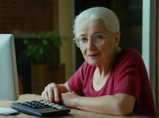 Old person sitting in front of computer screen with calculator