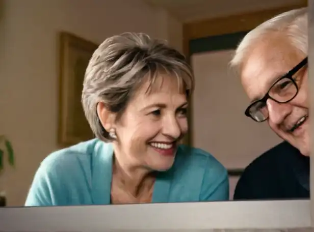 Retired couple smiling at computer screen with pension estimate