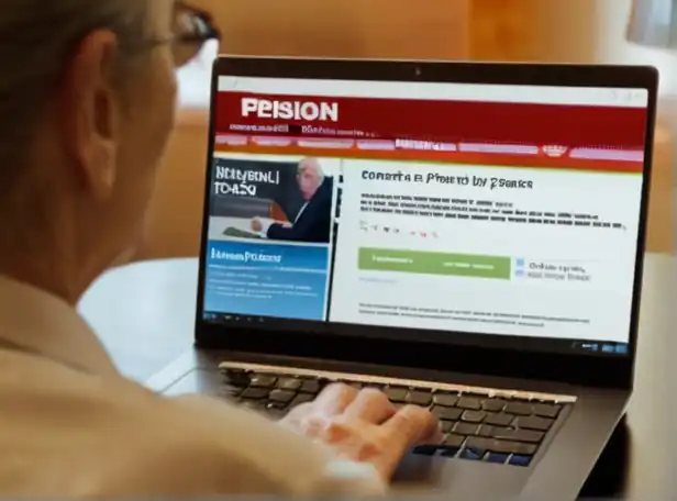 A senior looking at a laptop screen displaying pension simulator data