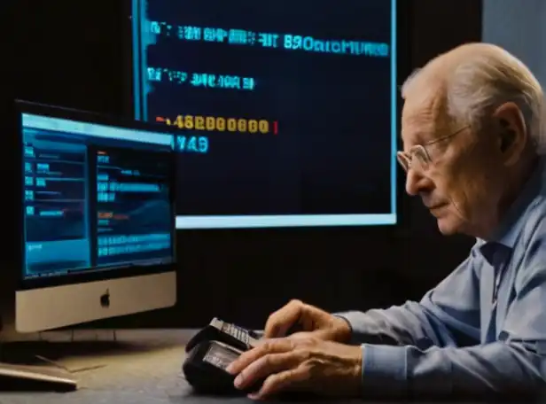 Old person sitting in front of computer screen with calculator