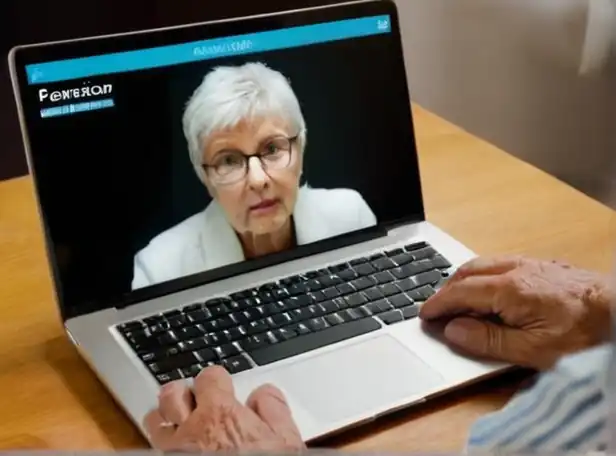 Elderly person sitting in front of a laptop with pension calculator on screen