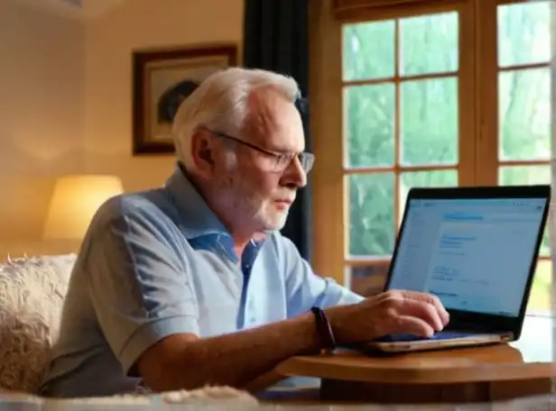 Retiree on laptop in cozy home calculating pension estimate