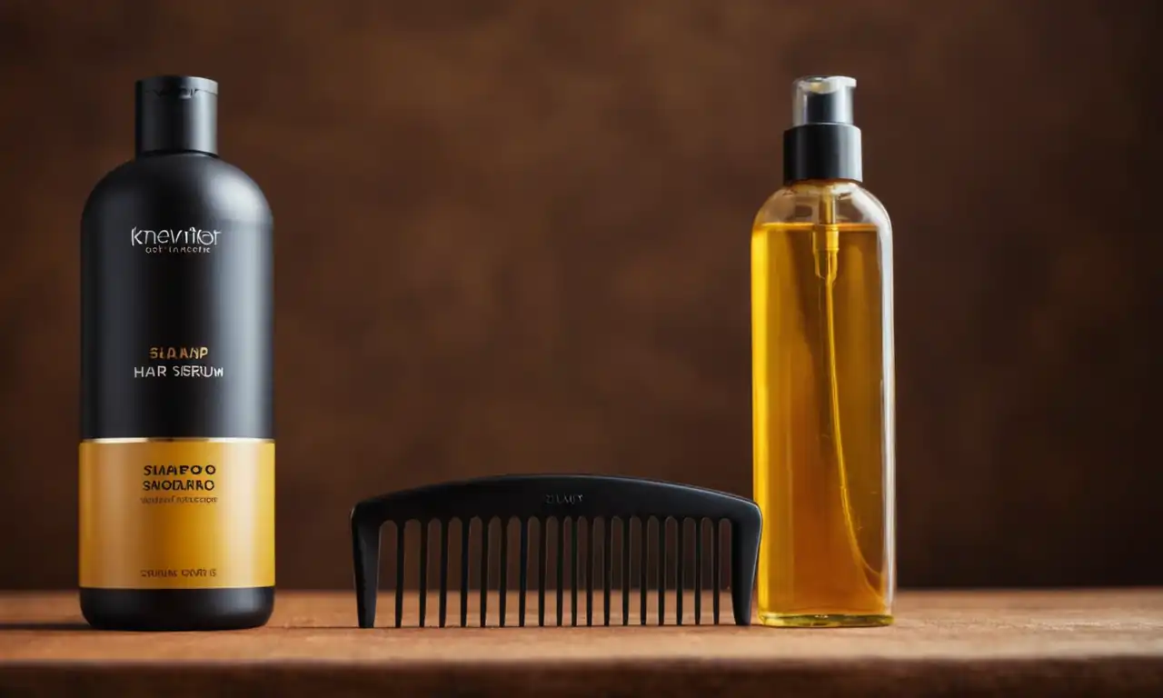 Hair growth chart, shampoo bottle, comb, hair serum