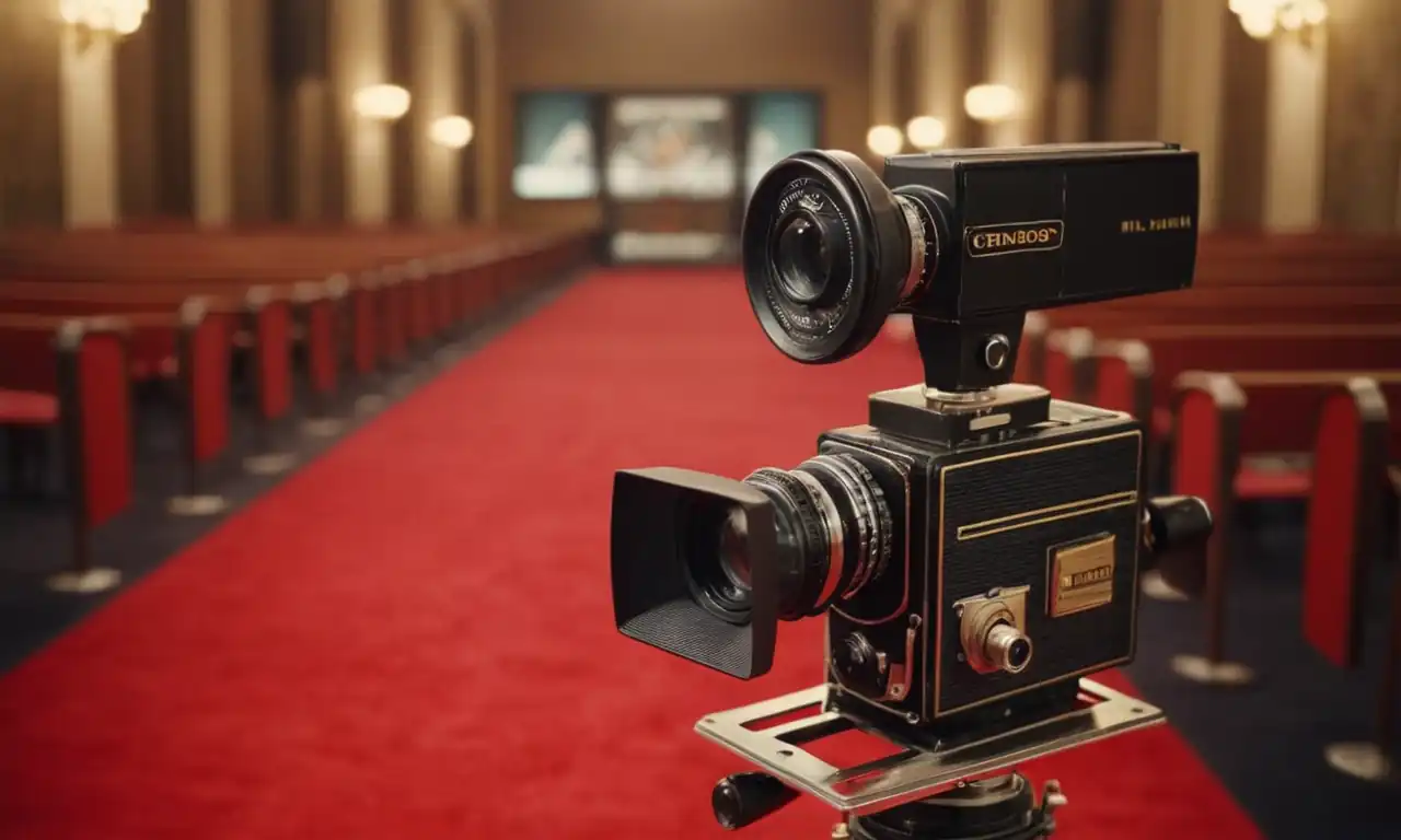 Retro movie camera, film reels, iconic film posters, red carpet