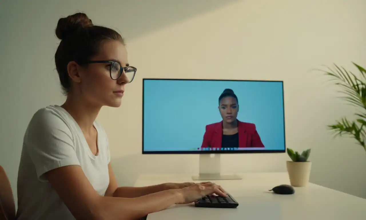 Una pantalla de computadora moderna con una persona trabajando en un fondo minimalista
