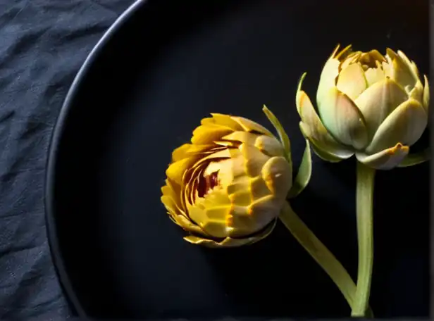 Golden fried artichoke flowers on a black plate with dramatic lighting