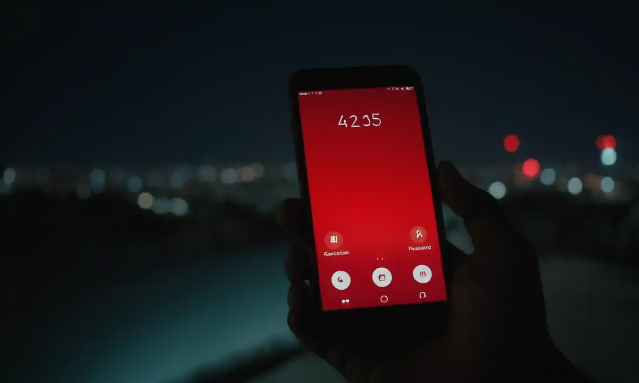 Un teléfono móvil con pantalla de alerta roja en un fondo nocturno