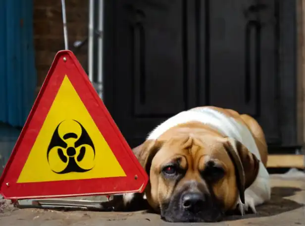 Warning sign with toxic food items and a sad dog looking away