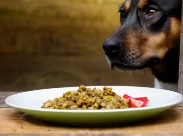 A dog avoiding a plate of poisonous food