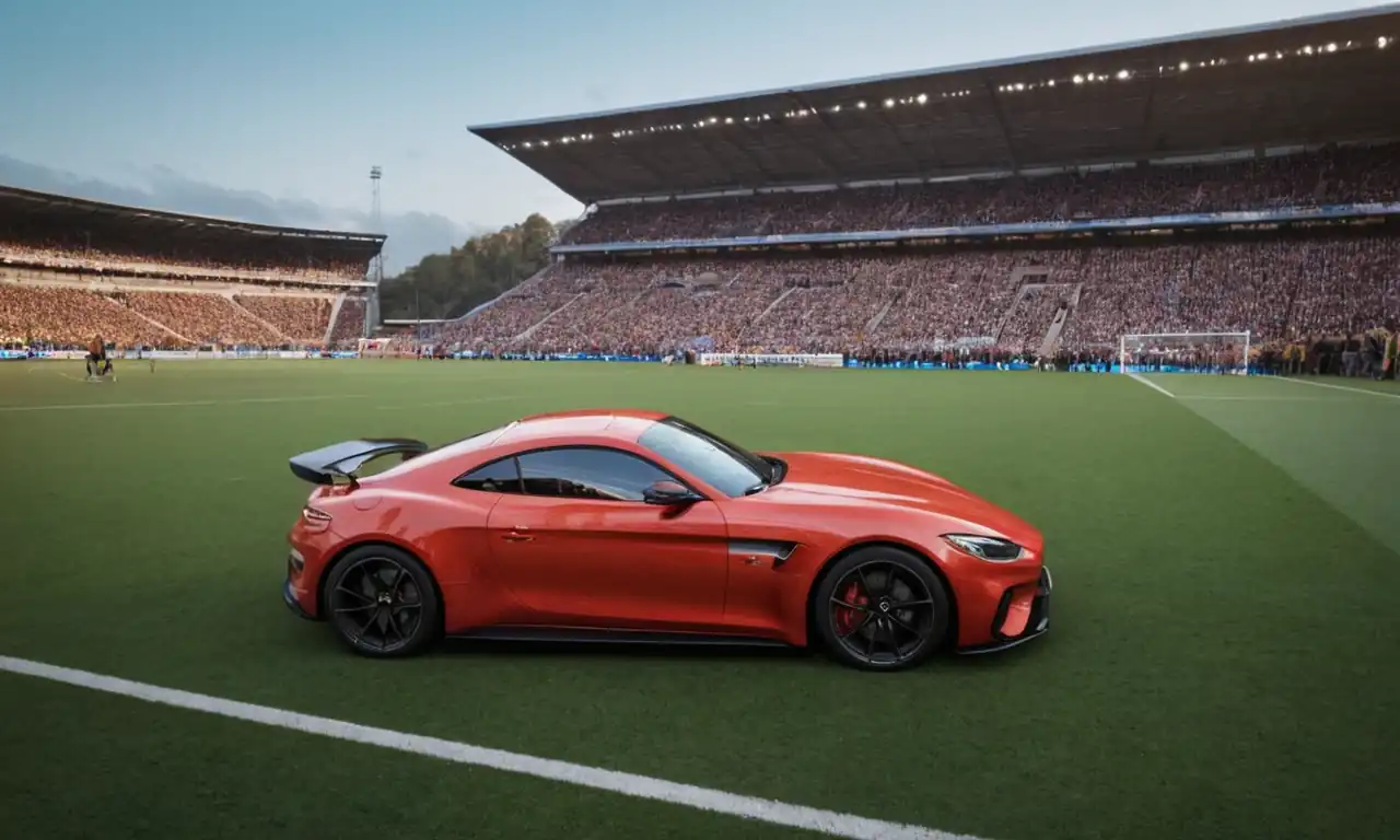 Football stadium, ticket counter, enthusiastic crowd, sports car