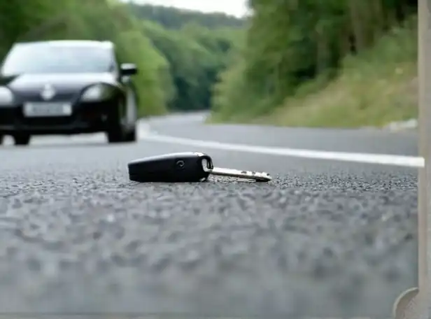 Car keys lost on a road with anxious driver in the background