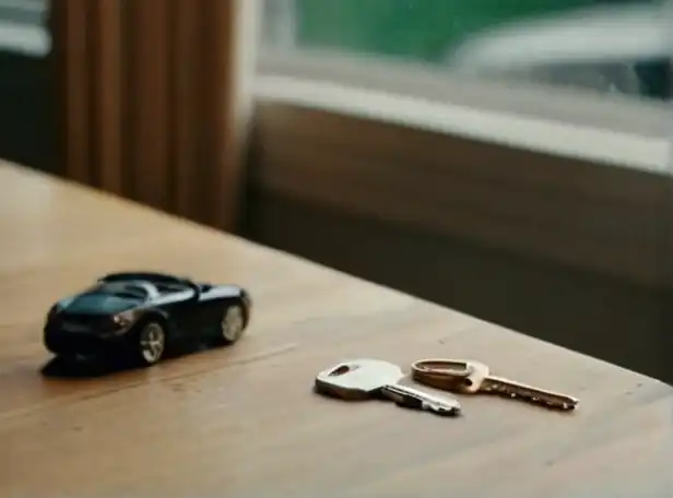 Lost car keys on a cluttered table with a worried face