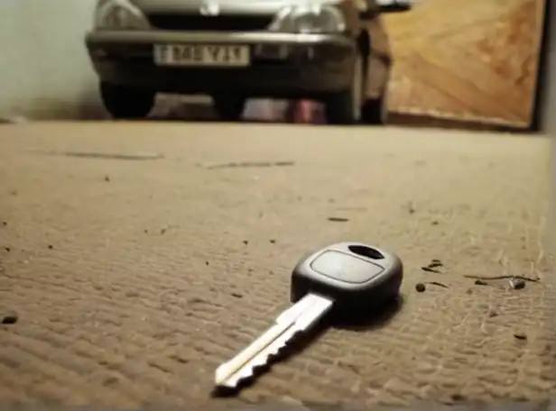 Lost car keys lying on a messy floor with a worried person in background