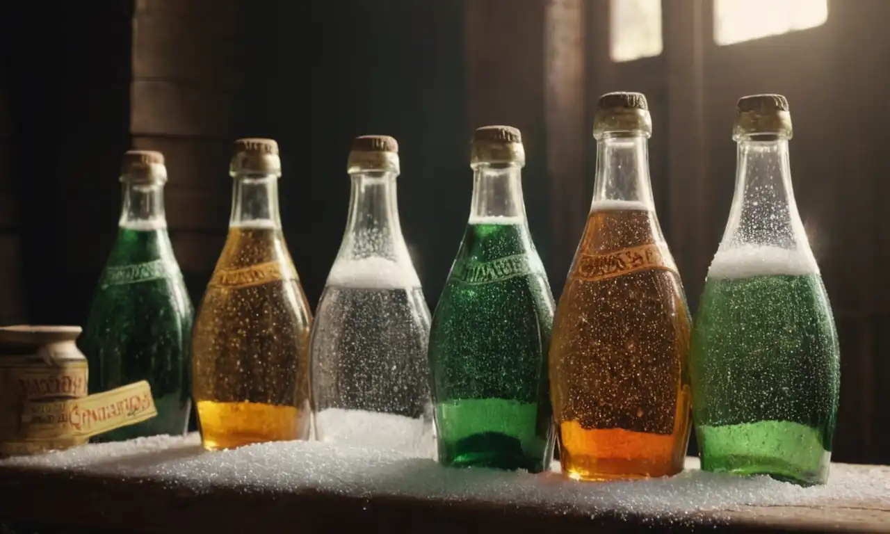 Bubbles rising from glass bottles, sugar crystals, vintage soda labels