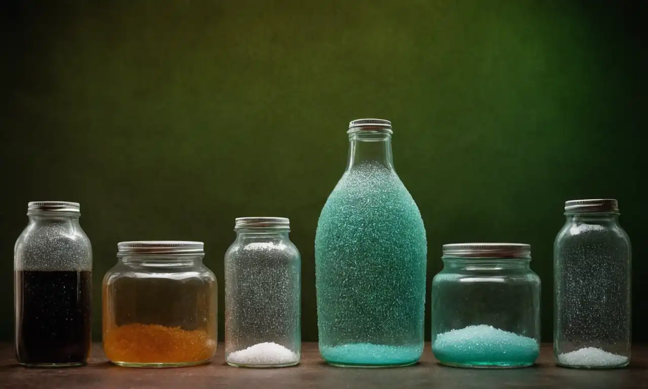 Soda bottles, glass jars, sugar crystals, laboratory equipment