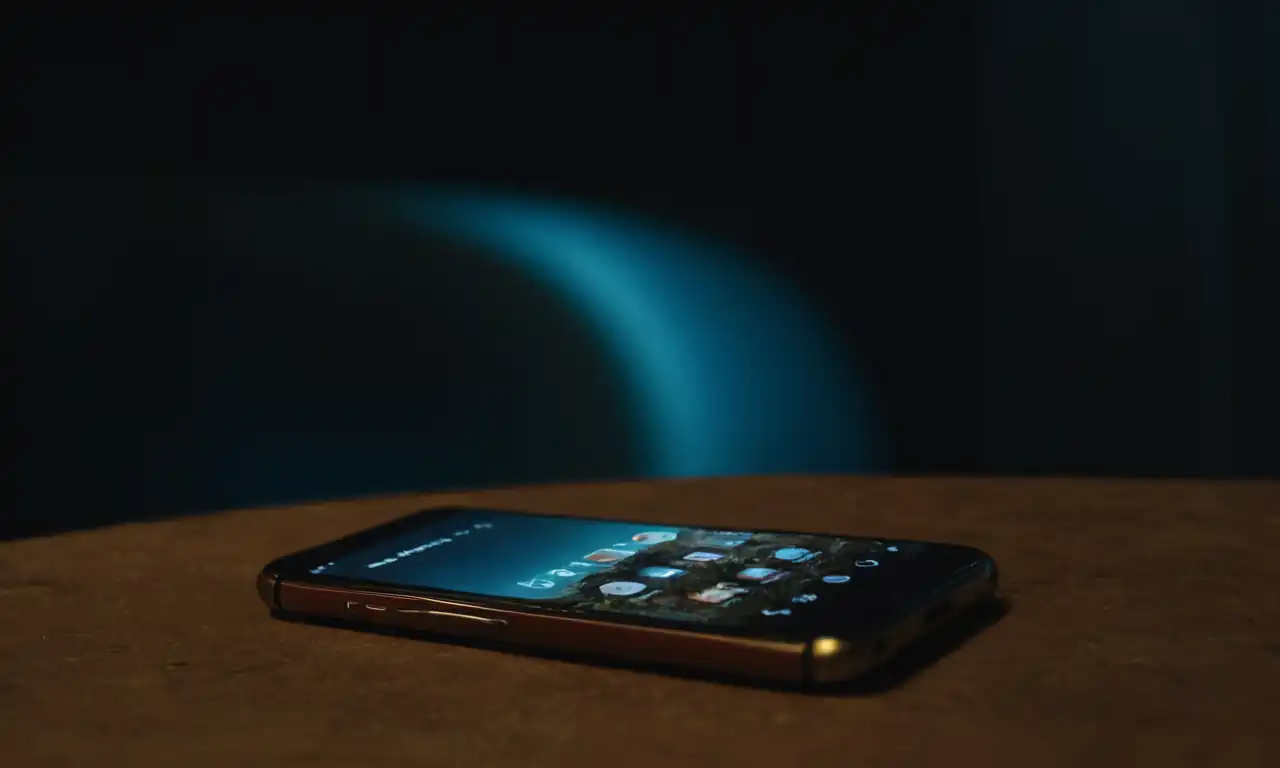 Smartphone brillante en un fondo oscuro, con iconos de correos electrónicos visibles