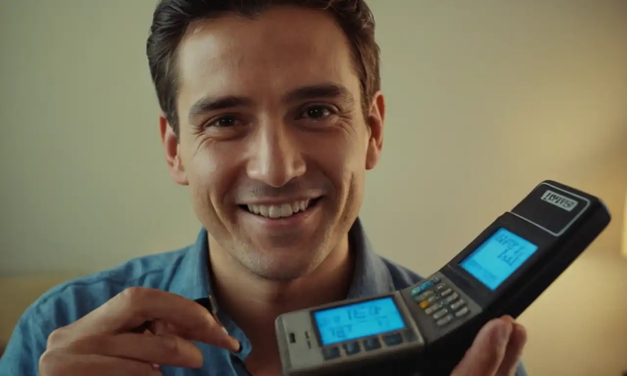 Un hombre sonriente con una calculadora en la mano