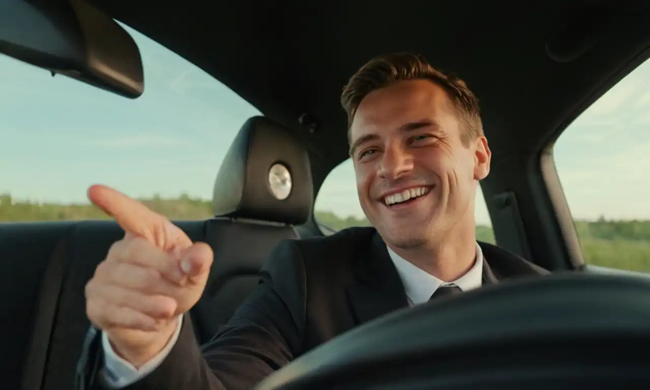 Un conductor sonriendo detrás del volante de un coche brillante