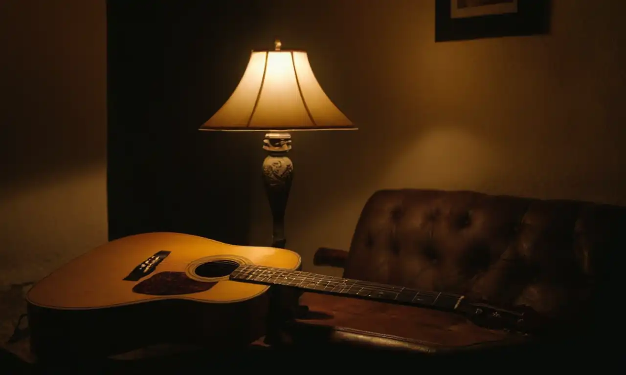 Guitarra española en una mesa oscura, iluminada por una lámpara