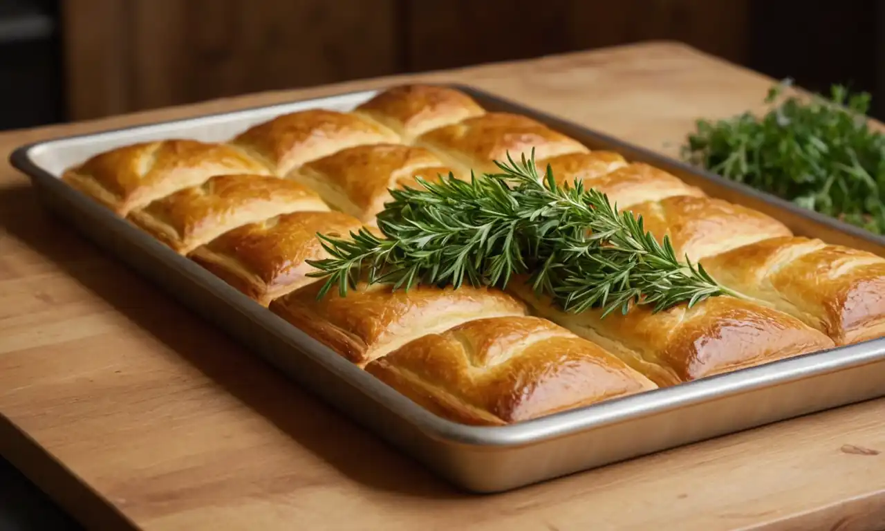 Wooden baking sheet, golden-brown pastry, fresh herbs, warm oven light