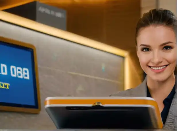 Airplane check-in counter with smiling traveler holding tablet