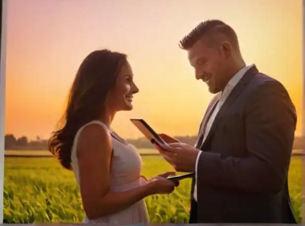 Plane taking off at dawn with happy couple checking in on tablet