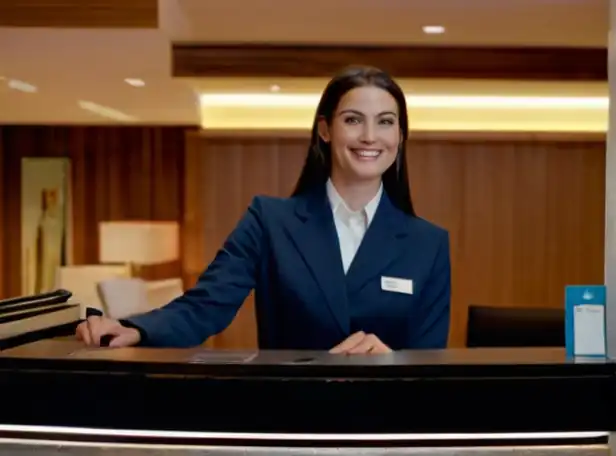 Airlines desk with smiling staff and happy traveler checking in early