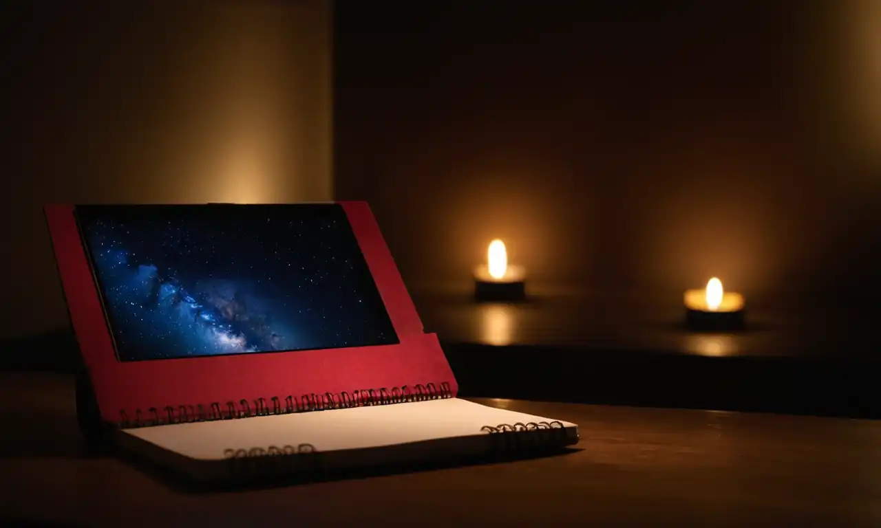 Notebook abierto sobre mesa, pantalla iluminada en un fondo oscuro