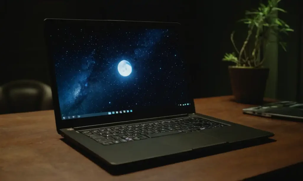 Un laptop abierto en una mesa oscura