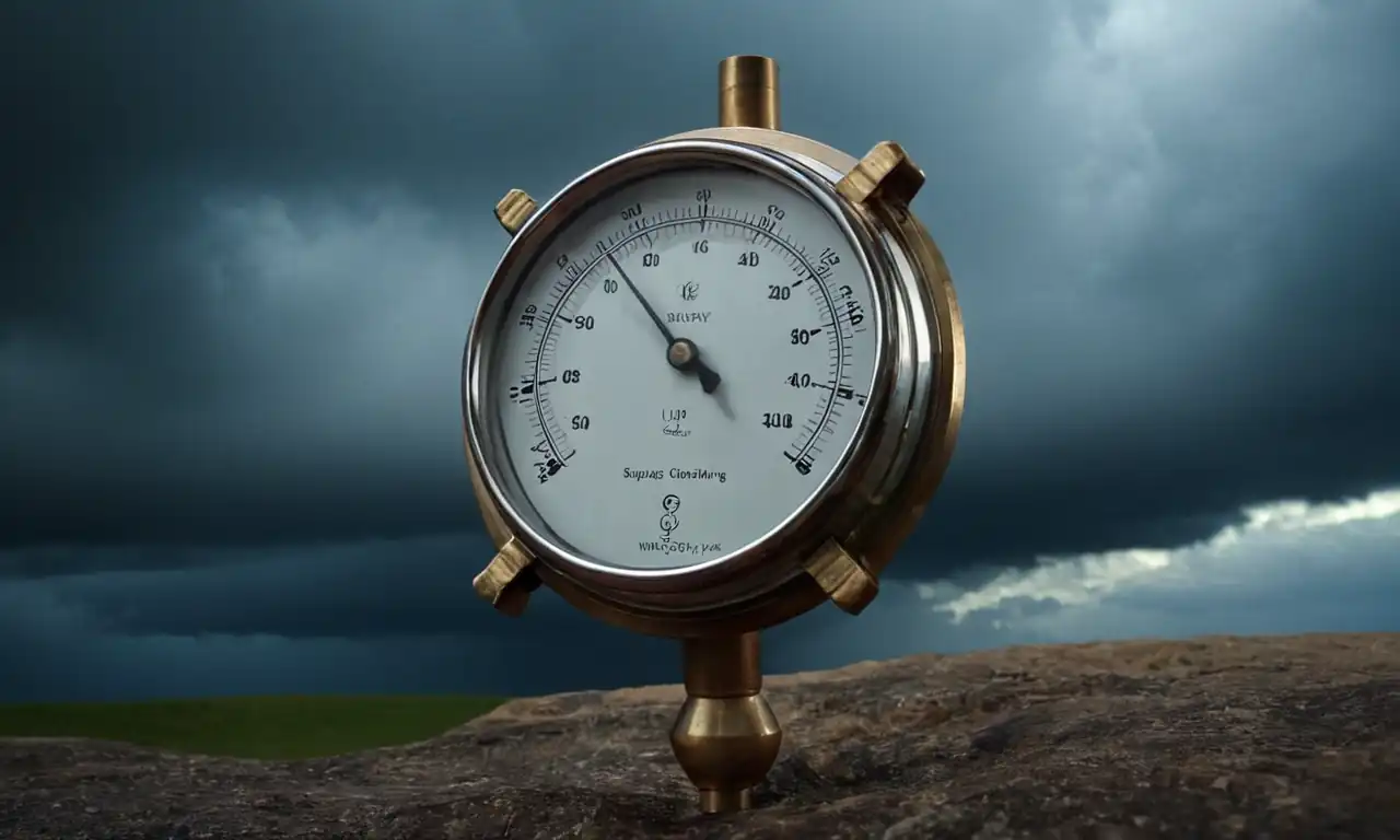 Clouds gathering stormy weather, atmospheric pressure gauge, barometer needle rising