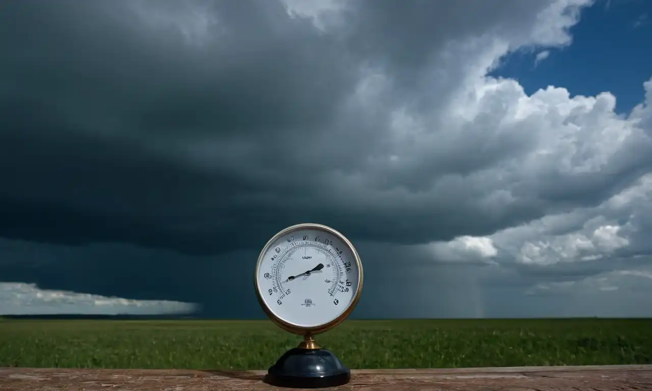 Cloudy sky, thermometer, rain gauge, atmospheric globe