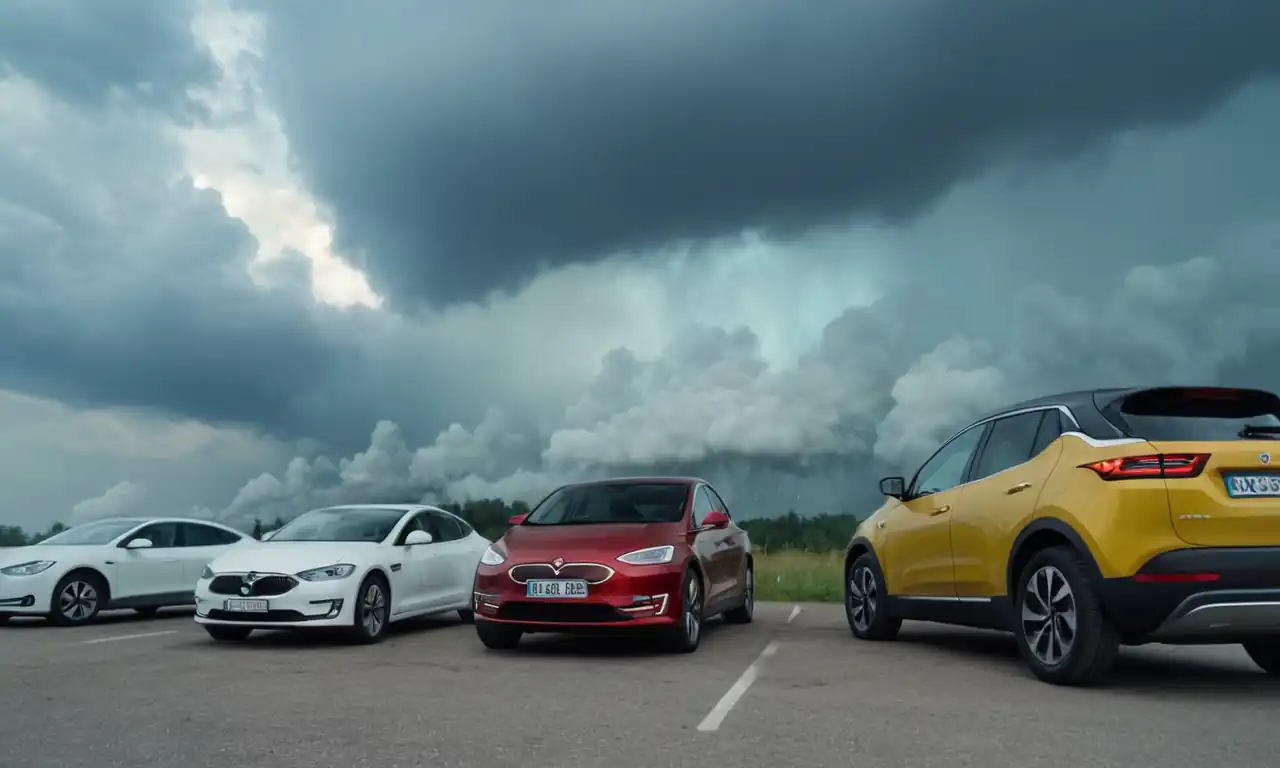 Electric cars surrounded by pollution clouds