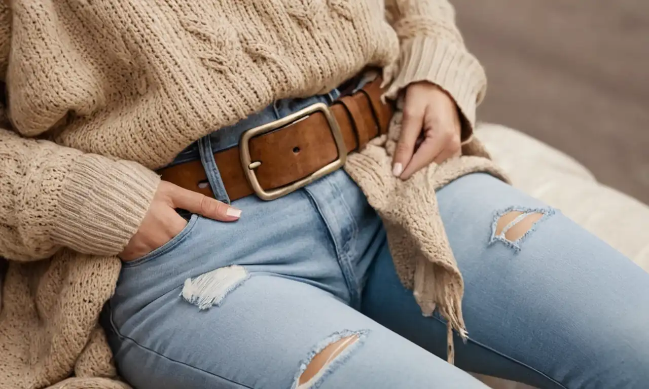 Beige sweaters, distressed denim, chunky belt, geometric pattern scarf