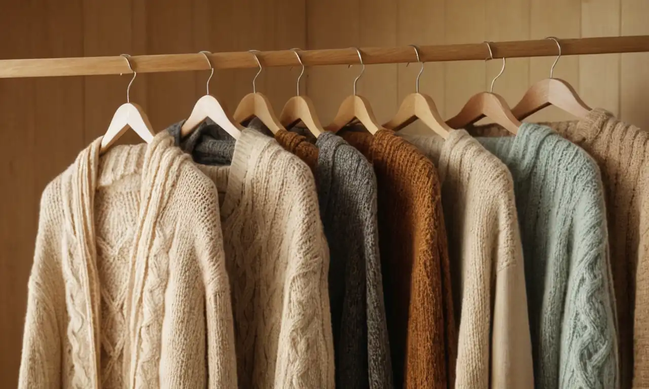 Soft beige sweaters, patterned scarves, wooden hangers