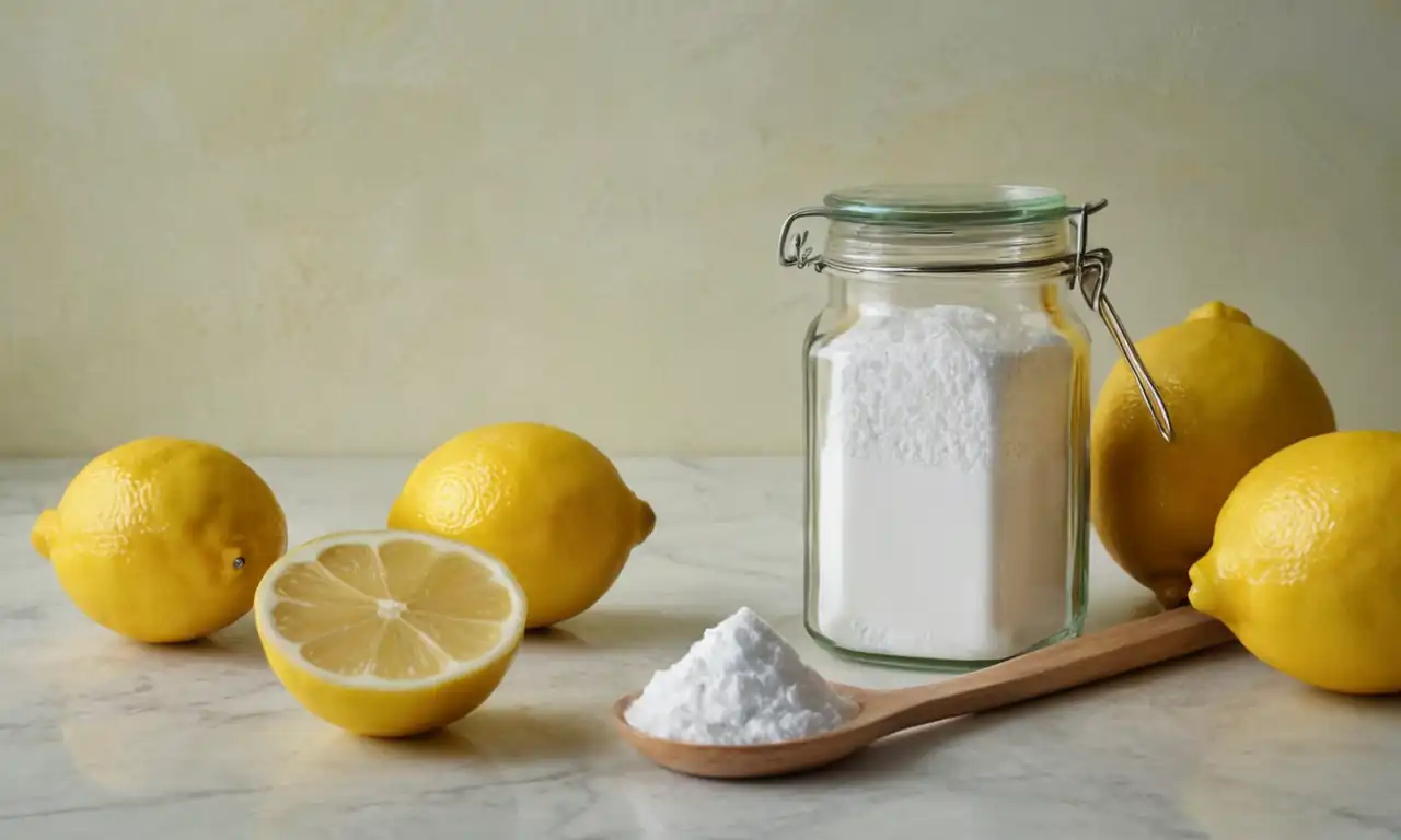 Sparkling toothbrush, whitening powder, dental floss, glass jar with lemon slices