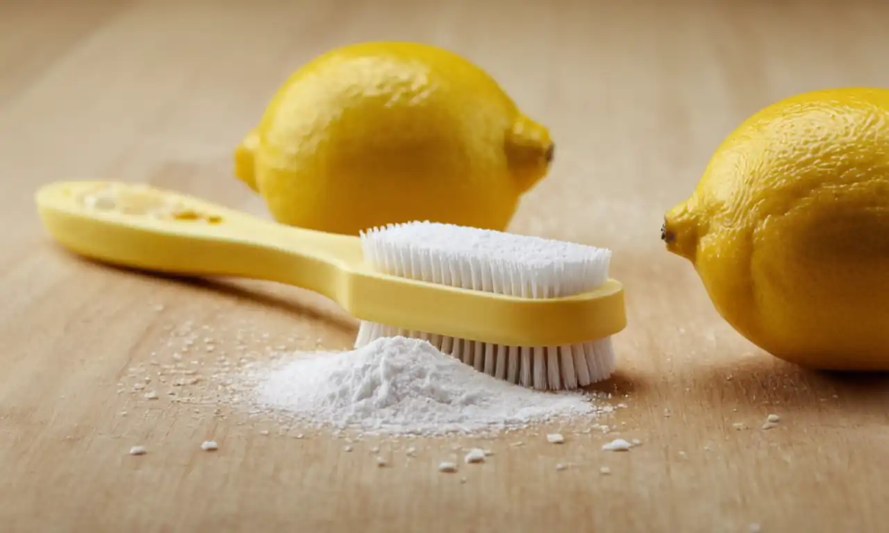 Toothbrush, baking soda, lemon peel, soft bristles