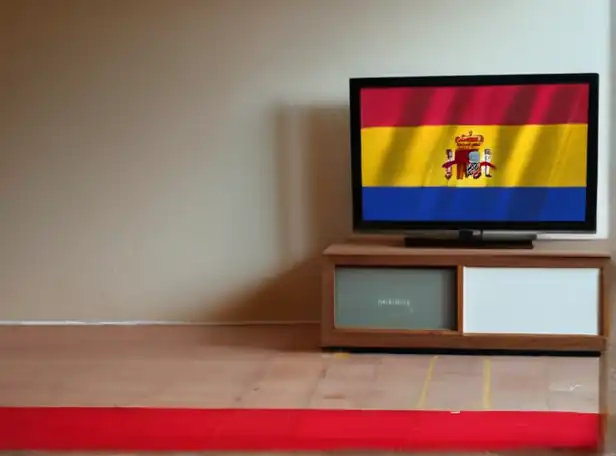 Spanish flags and icons on a TV screen with a remote control