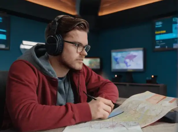 A gamer sitting in front of a console surrounded by maps and passports