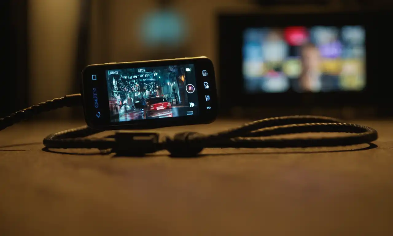 Dos teléfonos conectados por un cable y una pantalla móvil