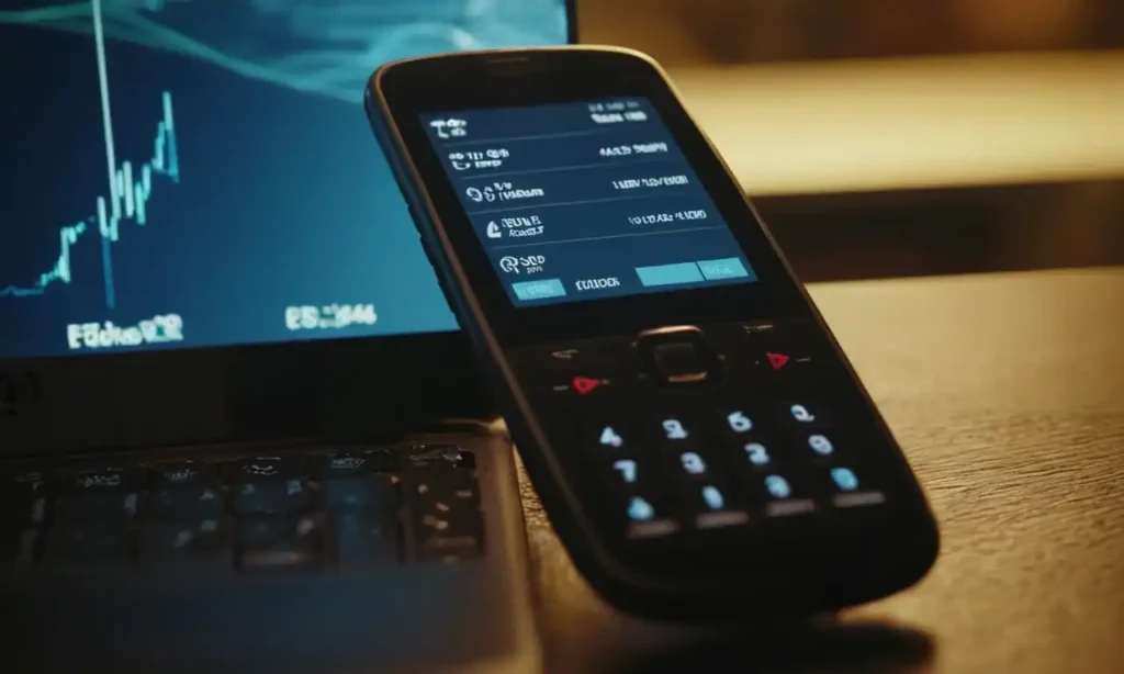 Un teléfono móvil y una pantalla de computadora con un fondo de datos en movimiento